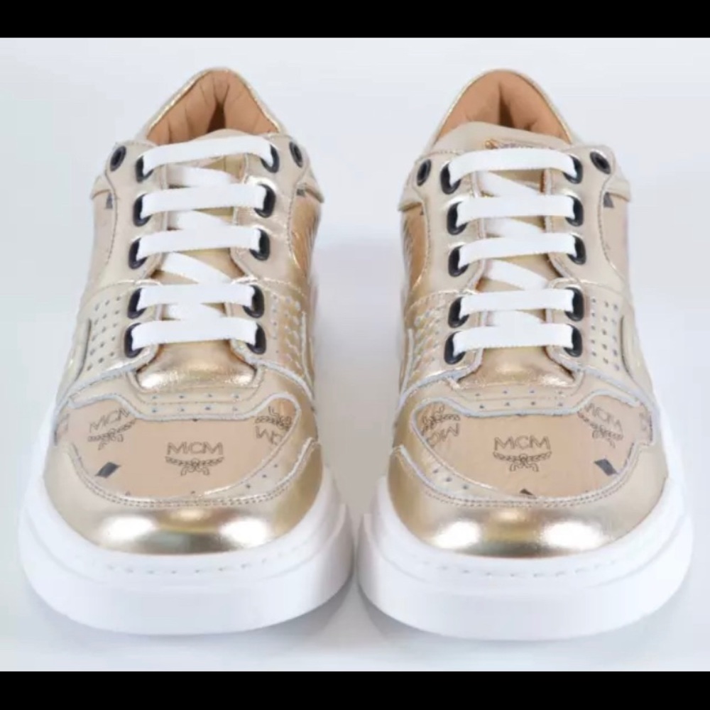 MCM Women's $575 Berlin Gold Visetos Sneakers 36/6